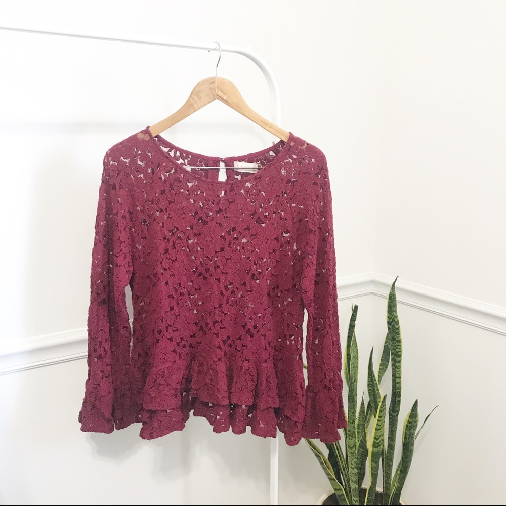 🚌 Altar’d State | Maroon Lace Peplum Blouse S